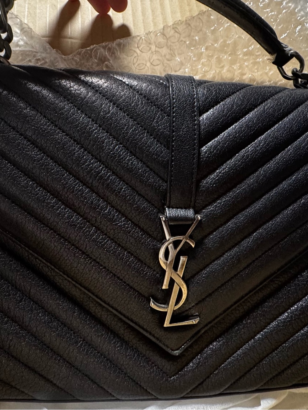 Saint Laurent Black Chevron Quilted Leather Shoulder Bag with YSL Logo